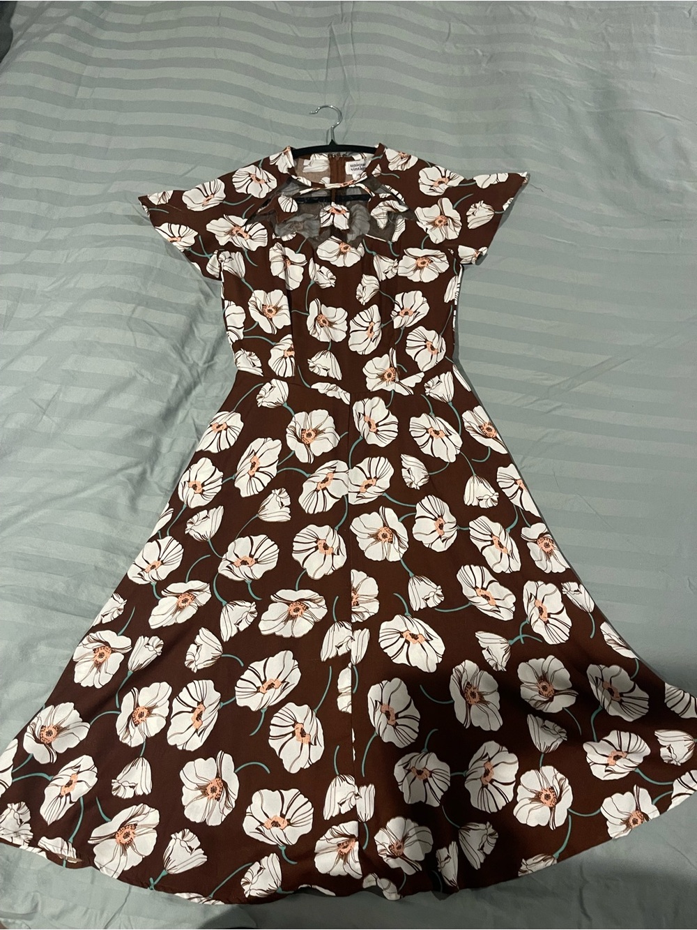 Unique Vintage Brown Midi Dress with White Floral Print